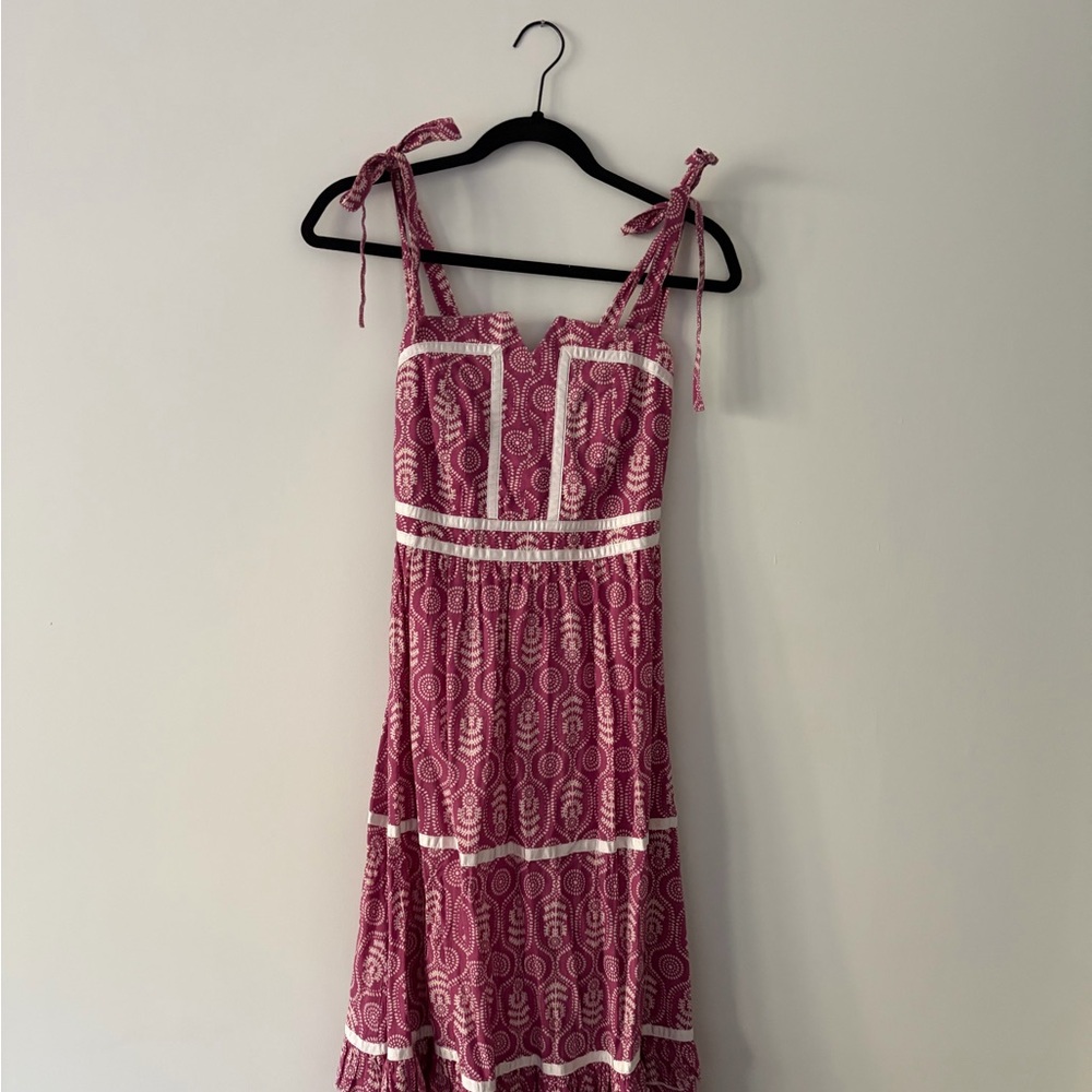 Chakeris Pink Patterned Ella Maxi Dress with White Trim - Sleeveless Tie-Strap